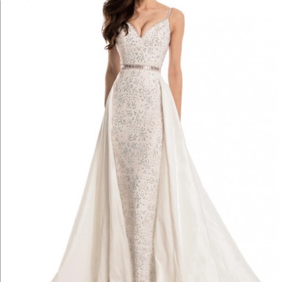 Johnathan Kayne White Lace Sequin Gown with Overskirt - Picture 1 of 5